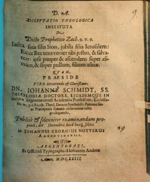 Disp. theol. instituta de dicto prophetico Zach. 9. v. 9.