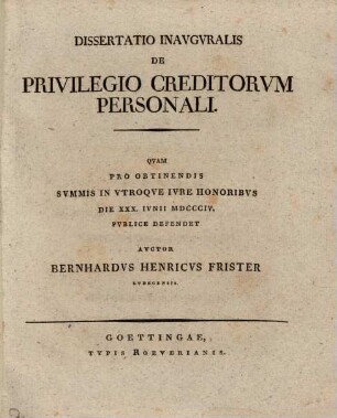 Diss. inaug. de privilegio creditorum personali