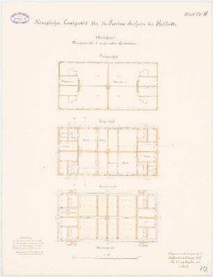 Königliches Landgestüt für die Provinz Sachsen, Kröllwitz Wohnhaus für 4 verheiratete Gestütswärter: Grundriss Fundamente, EG, DG, 1:100