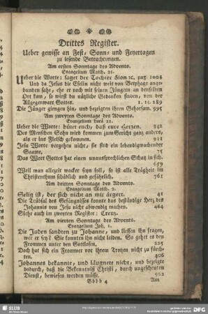 Drittes Register. Ueber gewisse an Fest- Sonn- und Feyertagen zu lesende Betrachtungen
