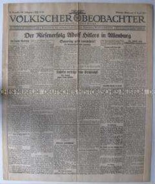 Nationalsozialistische Tageszeitung "Völkischer Beobachter" zu einer Propagandaveranstaltung Hitlers in Altenburg (Thüringen)