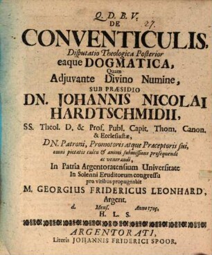 De Conventiculis, Disputatio Theologica ..., Posterior. ... eaque Dogmatica