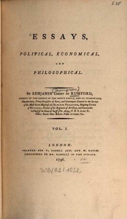 Essays, political, economical and philosophical. 1. (1796). - 14 Bl., 464 S. : Ill.
