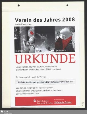 Urkunde Verein des Jahres 2008