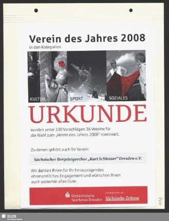 Urkunde Verein des Jahres 2008