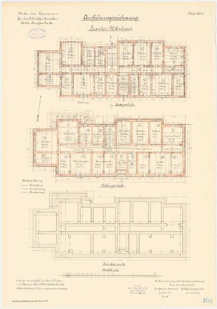 Kaserne für das Luftschiffer-Bataillon, Berlin-Jungfernheide: Beamtenwohnhaus: Grundriss Fundamente, Kellergeschoss, Erdgeschoss 1:100