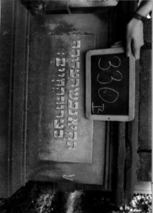 Grabstein 330 (Index: 100111958) Material: Sandstein, weiße Marmorplatte Zustand: verwittert Maße HxBxT: 245x76x46 cm Beschreibung: ädikulaartige Stele mit Säulen, getreppter Sockel, Giebel mit Mittel- und Eckakroteren, rechteckige Schriftplatten Symbolik: Blüten, Ranken / Zahnfries: Grabstein 330B