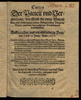 57-71, Copeyen der Pacten und Vergleichung betreffendt die ... Succession ... in den Königreichen Ungarn, Böhem ...
