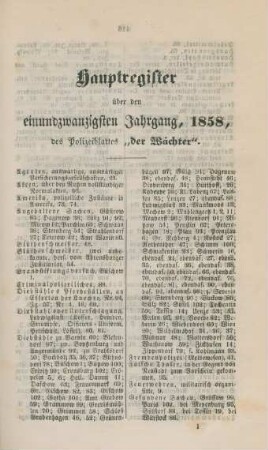 Hauptregister über den einundzwanzigsten Jahrgang, 1858, des Polizeiblattes "der Wächter"