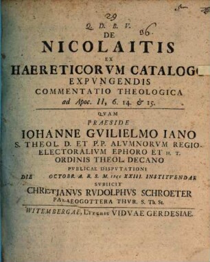 De Nicolaitis Ex Haereticorvm Catalogo Expvngendis Commentatio Theologica ad Apoc. II, 6. 14. & 15.