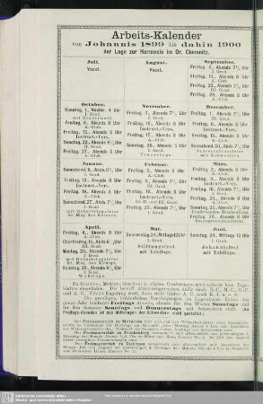 Arbeits-Kalender von Johannis 1899 bis dahin 1900 der Loge zur Harmonie im Or. Chemnitz
