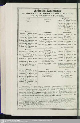 Arbeits-Kalender von Johannis 1899 bis dahin 1900 der Loge zur Harmonie im Or. Chemnitz