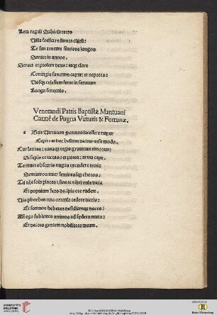 Venerandi Patris Batistæ Mantuani Carmẽ de Pugna Virtutis & Fortunæ