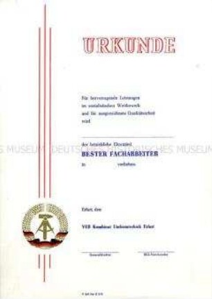 Urkunde zur Verleihung des betrieblichen Ehrentitels "Bester Facharbeiter" (blanko)