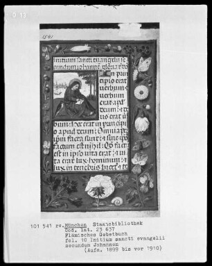 Flämisches Gebetbuch mit Kalender — Der Evangelist Johannes auf Patmos, Folio 10recto