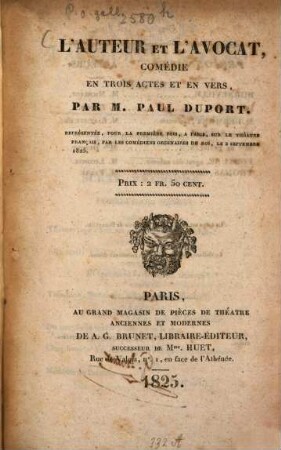 L' auteur et l'avocat : comédie en trois actes et en vers