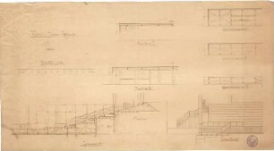 Billing, Hermann; Karlsruhe; Künstlerfest 1901 in der Festhalle, Ausstattung; Umbau Festhalle - Podium (Ansicht; Längsschnitt; Details)