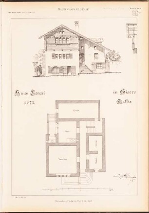 Bauernhaus, Sierre: Grundriss, Ansicht, Detail (aus: Das Bauernhaus in der Schweiz, hrsg.v. Schweiz. Ingenieur- und Architektenverein, 1903)