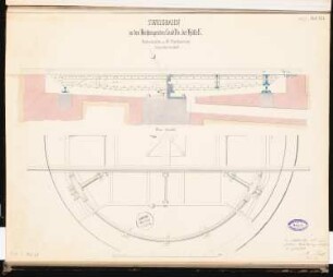 Hochofenanlage mit Verbindungsbahn Schinkelwettbewerb 1863: Drehscheibe: (halber) Grundriss, Längsschnitt; Maßstabsleiste