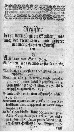 Register der vornehmsten Sachen, wie auch der recensirten, und anderer neuen angeführten Schriften.