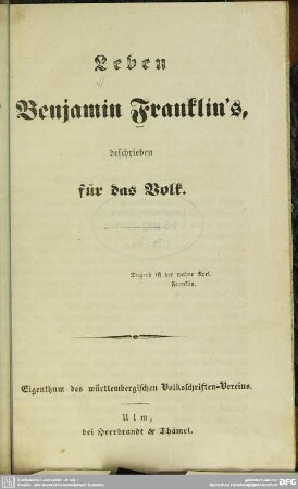 Leben Benjamin Franklin's : beschrieben für das Volk