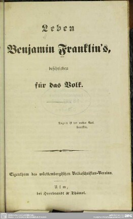 Leben Benjamin Franklin's : beschrieben für das Volk