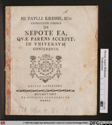 Io. Pavlli Kressii, Icti Exercitatio Ivridica De Nepote Ea, Qvæ Parens Accepit, In Vniversvm Conferente