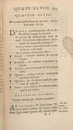 Quaestio XLVIII. De rerum distinctione in speciali, in sex articulos divisa.