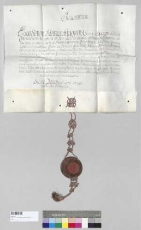 Maria Antonia [Mayer], Äbtissin von Kloster Seligenthal, leistet gegenüber Papst Benedikt XIV., Franciscus [Francois Trouve], Abt von Citeaux, Hieronymus [Held], Abt von Kloster Ebrach, und Theobald [Grad], Abt von Kloster Aldersbach, den Gehorsamseid (iuramentum obedientiae). S: Maria Antonia [Mayer], Äbtissin von Kloster Seligenthal