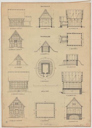 Leeden (Kreis Tecklenburg): Hof Schulte Loose. - Lageplan. - Haupthaus (Grundriss, Ansichten, Schnitte). - Feldkeller (Grundriss, Ansichten, Schnitte). - Speicher (Grundriss, Ansichten, Schnitte)