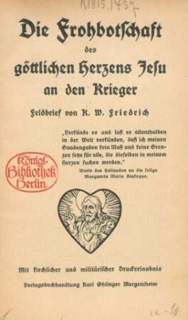 Die Frohbotschaft des göttlichen Herzens Jesu an den Krieger : Feldbrief