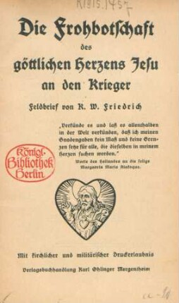 Die Frohbotschaft des göttlichen Herzens Jesu an den Krieger : Feldbrief