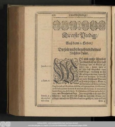 Die erste Predigt/ Auß dem 9. Gebot/ Du solt nicht begehren deines Nechsten Haus.