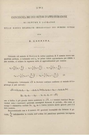 Coincidenza dei due metodi d'approssimazione di Newton e Lagrange nelle radici quadrate irrazionali dei numeri interi.