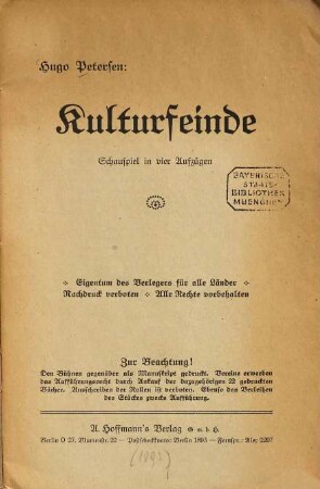 Kulturfeinde : Schauspiel in vier Aufzügen