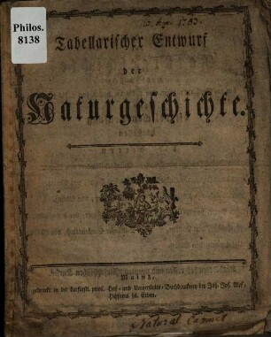 Tabellarischer Entwurf der Naturgeschichte : [Uiber folgende Gegenstände der Naturgeschichte werden sich den 10. April 1783 ... zur öffenlichen Prüfung darstellen, die Herren Christian Joseph Freyherr von Benzel ...]