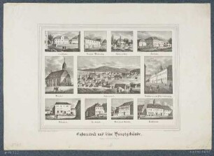 Bilderbogen mit einer großen Ansicht der Stadt Eibenstock im Erzgebirge und zehn kleineren Ansichten von Gebäuden in Eibenstock, aus Sachsens Kirchen-Galerie von Hermann Schmidt, 1842