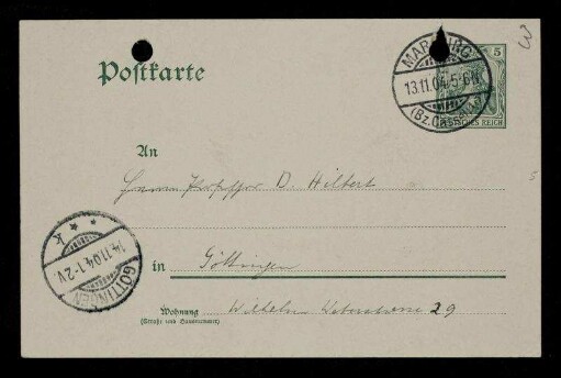 Nr. 3: Postkarte von Otto Blumenthal an David Hilbert, Marburg, 13.11.1904