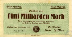Cottbus, Stadt: 5 Milliarden Mark 1923