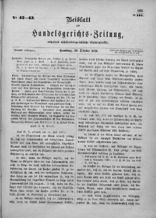 Beiblatt zur hamburgischen Handelsgerichts-Zeitung No. 42-43. Neunter Jahrgang. Hamburg, 28. Oktober 1876.