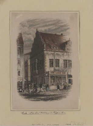 Teilansicht vom Markt in Leipzig, Stich, um 1860 : Ecke Markt, (Rathaus) u. Salzgässchen / A. Eltzner del. et sc. - [S.l.] , [um 1860]. - 1 Kunstbl. : Stich ; Blattgr. 18 x 26 cm