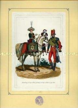 Uniformdarstellung, Paukenschläger der alten Garde zu Pferd und Jäger des Jäger-Regiments zu Pferde der jungen Garde, Frankreich, 1814. Aus: Bellangé: Die Soldaten der französischen Republik und des Kaiserreichs.
