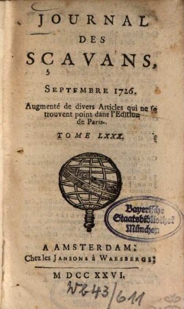 Journal des sçavans. 1726, [3]. Sept. - Déc. = T. 80