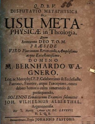 Diss. metaphys. de usu metaphysicae in theologia