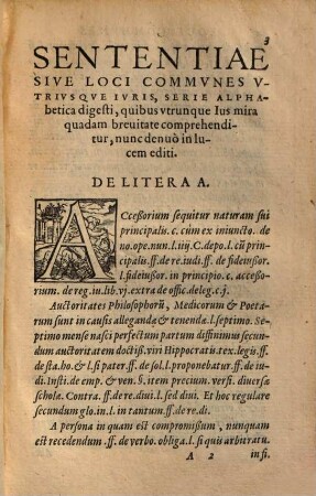 Sententiae Sive Loci Commvnes Vtrivsqve Ivris, Serie Alphabetica Digesti : Qvibvs Vtrunque Ius mira quadam breuitate comprehenditur