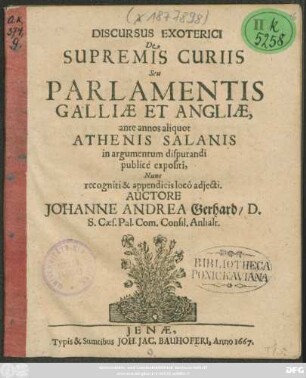 Discursus Exoterici De Supremis Curiis Seu Parlamentis Galliae Et Angliae