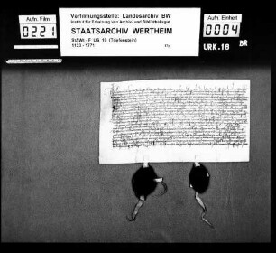 Kaufbrief des Hartmandus Loer von Büdingen, Frühmessner zu Kreuzwertheim, über einen Weinberg im Rentberg bei Kreuzwertheim, den er dem Heintzen Schurgen daselbst mit Bewilligung des Klosters Triefenstein um 60 fl. vorbehaltlich einer Gült von 6 Pfennig verkauft.