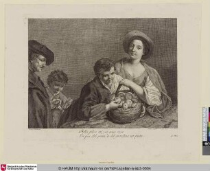 Genreszene mit zwei Jünglingen, einem jungen Mann mit Hut und einem älteren Mann mit Mantel und Pfeife, indessen Fokus ein mit Äpfeln gefüllter Weidenkorb steht.