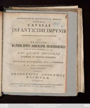 Dissertatio Inavgvralis Medica Sistens Cavssas Infanticidii Impvnis
