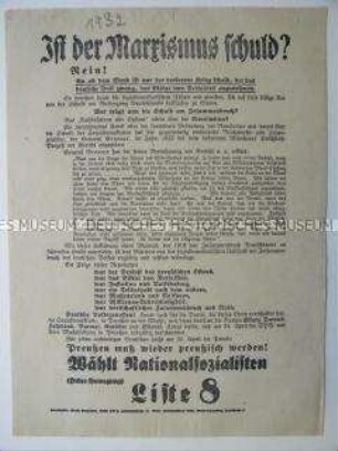 Wahlflugblatt der NSDAP zu den Preußischen Landtagswahlen mit scharfen Angriffen auf Ergebnisse der Novemberrevolution
